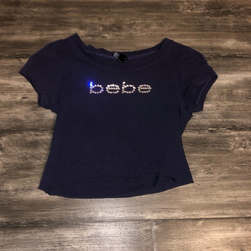 Bebe Navy Blue Rhinestone Logo Tee
